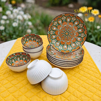 Swasha bohemia green orange 12 pcs snack set 6 bowls 6 plates green orange mandala earthenware