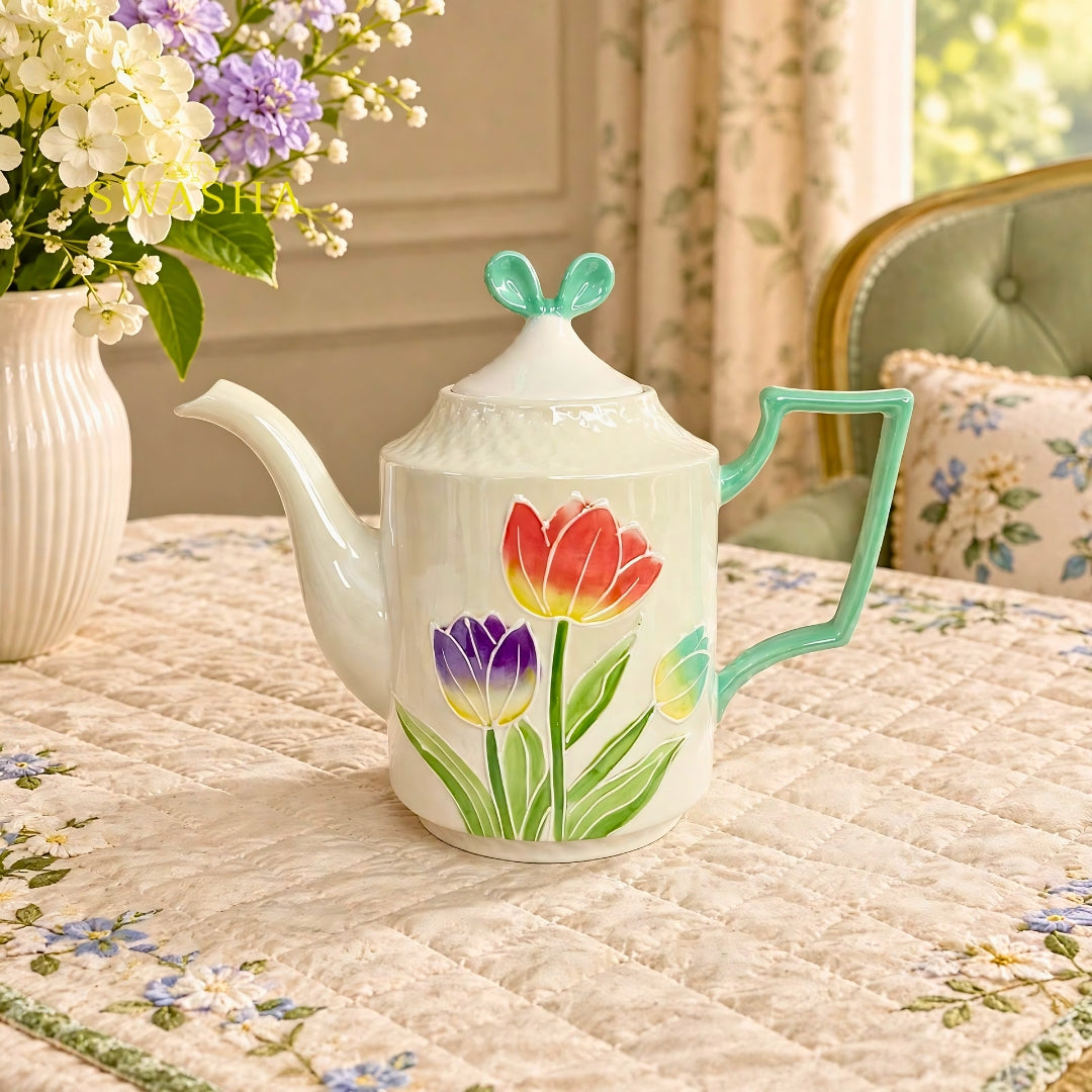 Swasha tulip garden mint 8 pcs revolving tea set 3d floral embossed kettle 6 cups mint handle revolving tray with red gift box