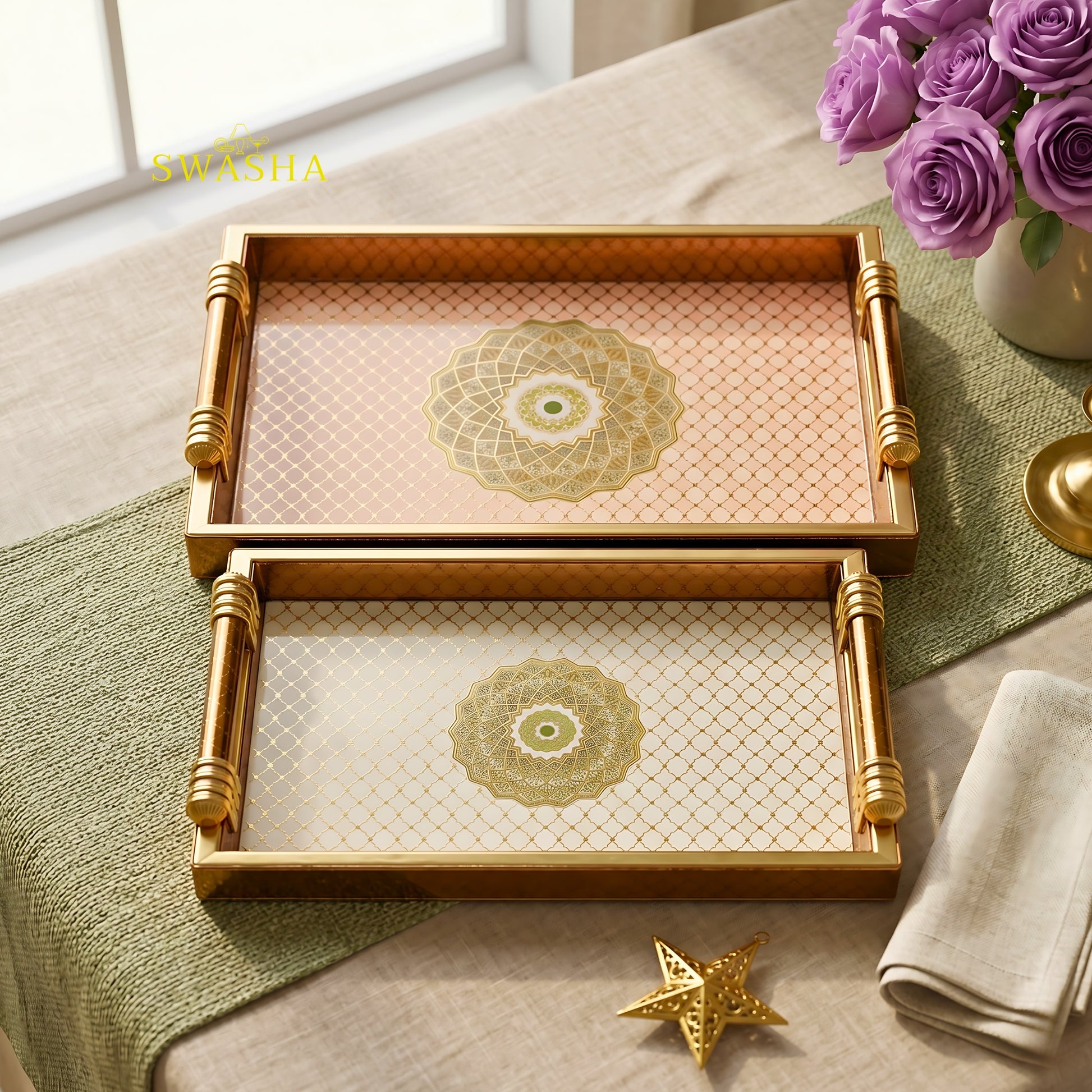 Swasha Glossy Leatherette Serving Tray Set of 4 with Cutlery Stand and Tissue Holder on Dining Table
