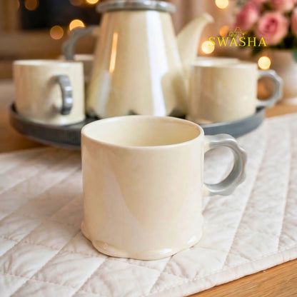 Swasha Cloud Grey 8 Pcs Revolving Tea Set | Beige With Grey Scallop Flower Lid