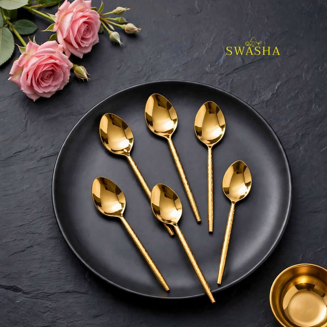 Swasha Luxury Cutlery Set 24 Pieces - Swasha Gold Hammered Spoon Fork Knife Set