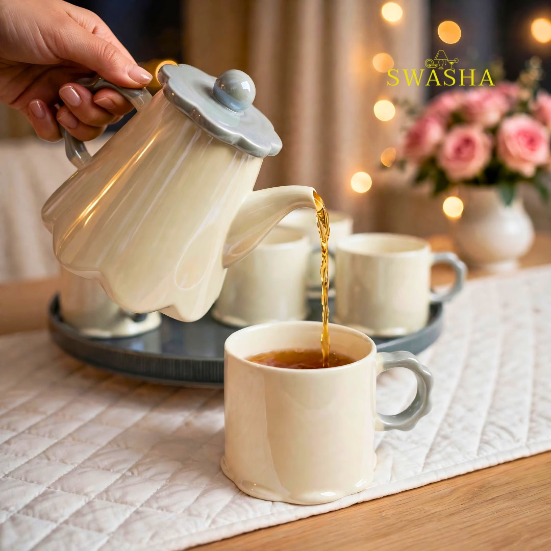 Swasha Cloud Grey 8 Pcs Revolving Tea Set | Beige With Grey Scallop Flower Lid