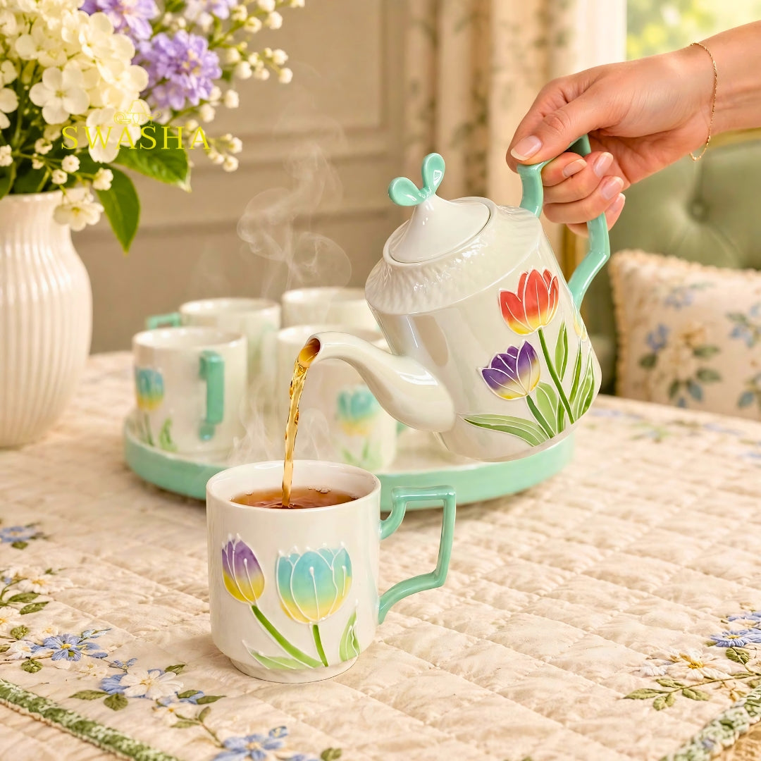 Swasha tulip garden mint 8 pcs revolving tea set 3d floral embossed kettle 6 cups mint handle revolving tray with red gift box