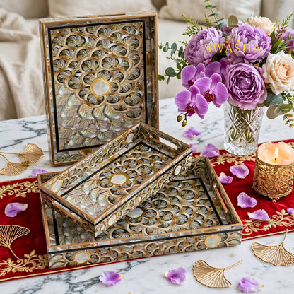 Swasha Peacock Scallop Set of 3 MDF Tray | Gold Mother Of Pearl MOP Decorative Serving Tray Set