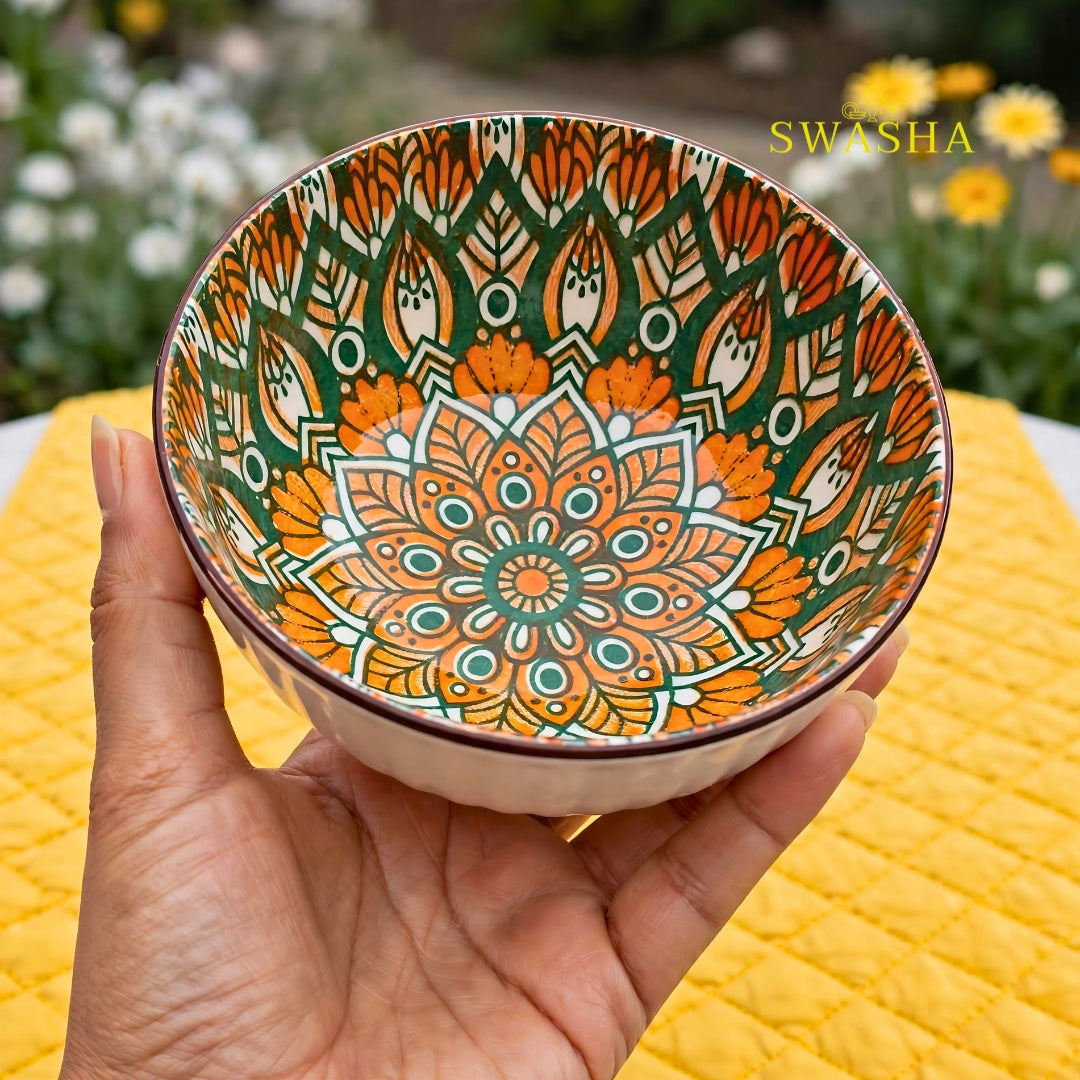 Swasha bohemia green orange 12 pcs snack set 6 bowls 6 plates green orange mandala earthenware