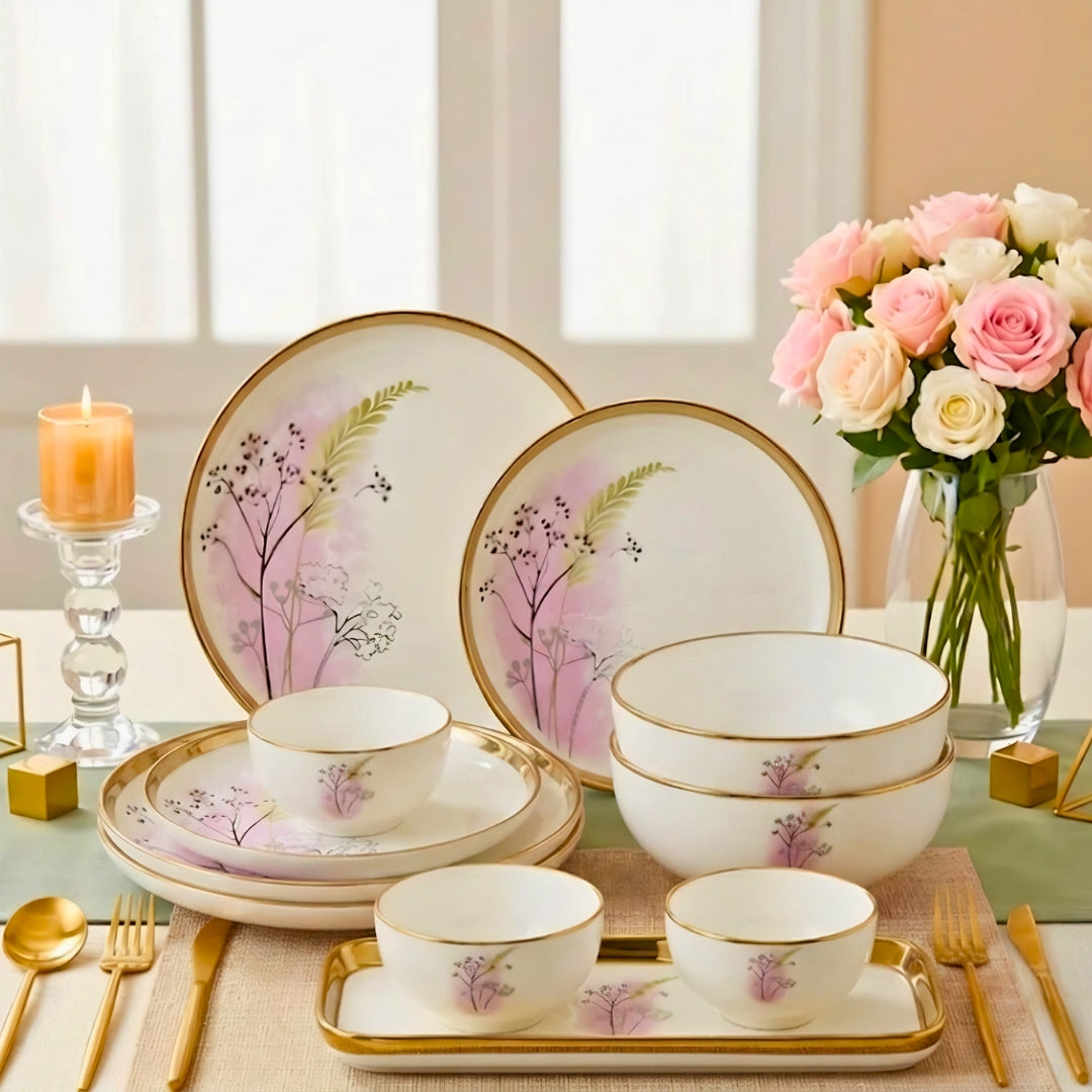 SWASHA Porcelain Dinner Set of 28 Pieces | Tableware | (White & Golden) Floral Design
