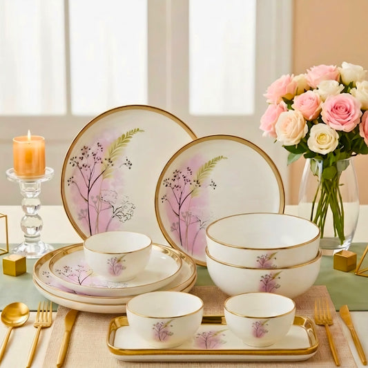 SWASHA Porcelain Dinner Set of 28 Pieces | Tableware | (White & Golden) Floral Design