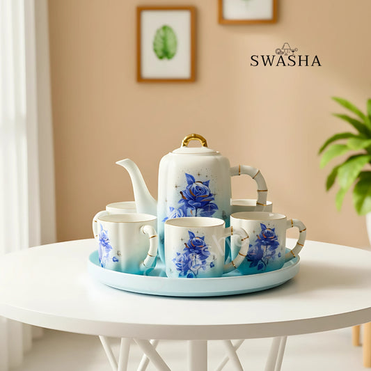 Swasha Premium Floral Tea Set with Revolving Stand | Stylish Gifting Option