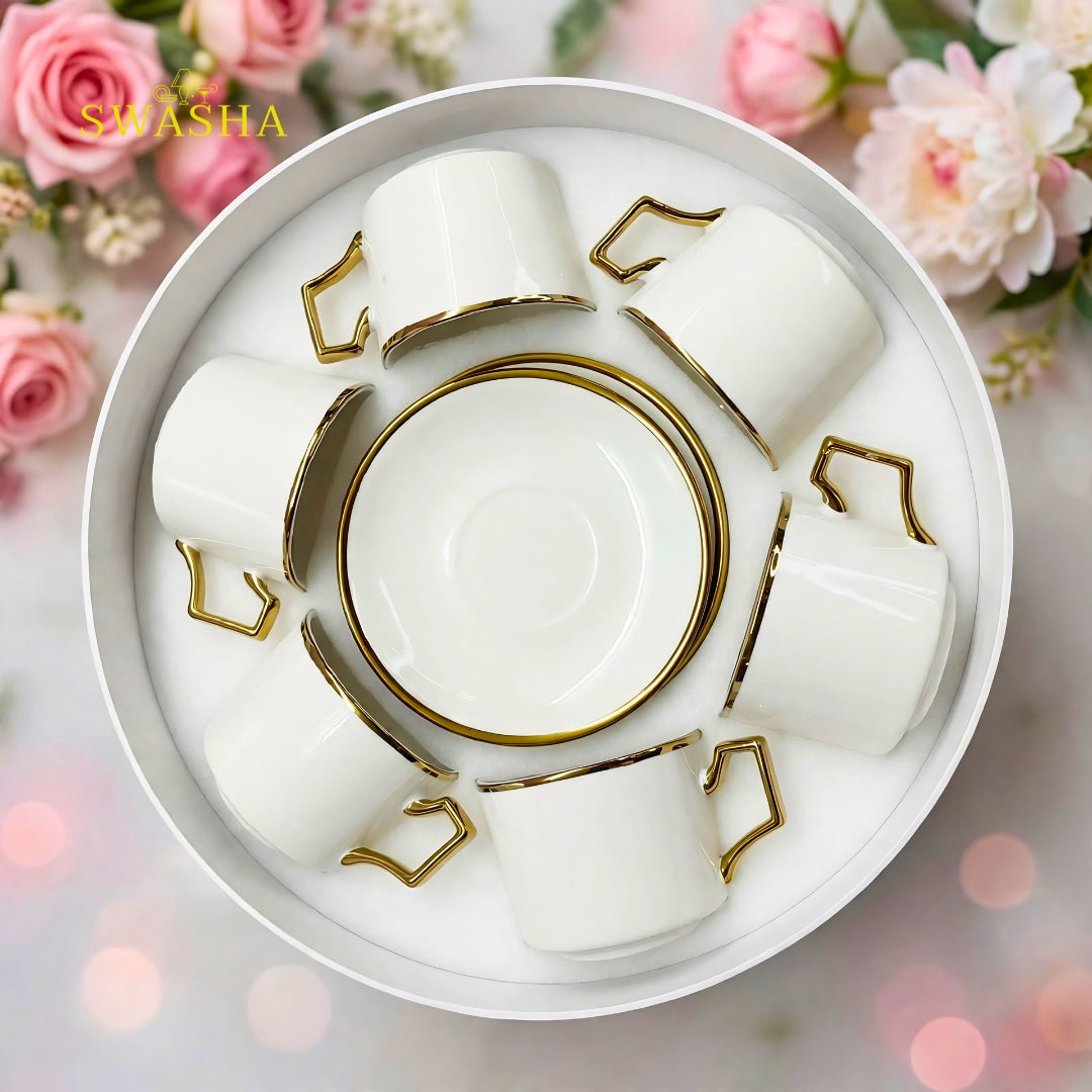 Swasha royal gold rim cup saucer set of 6 white ceramic with square gold handle and gold rim saucer luxury tea set