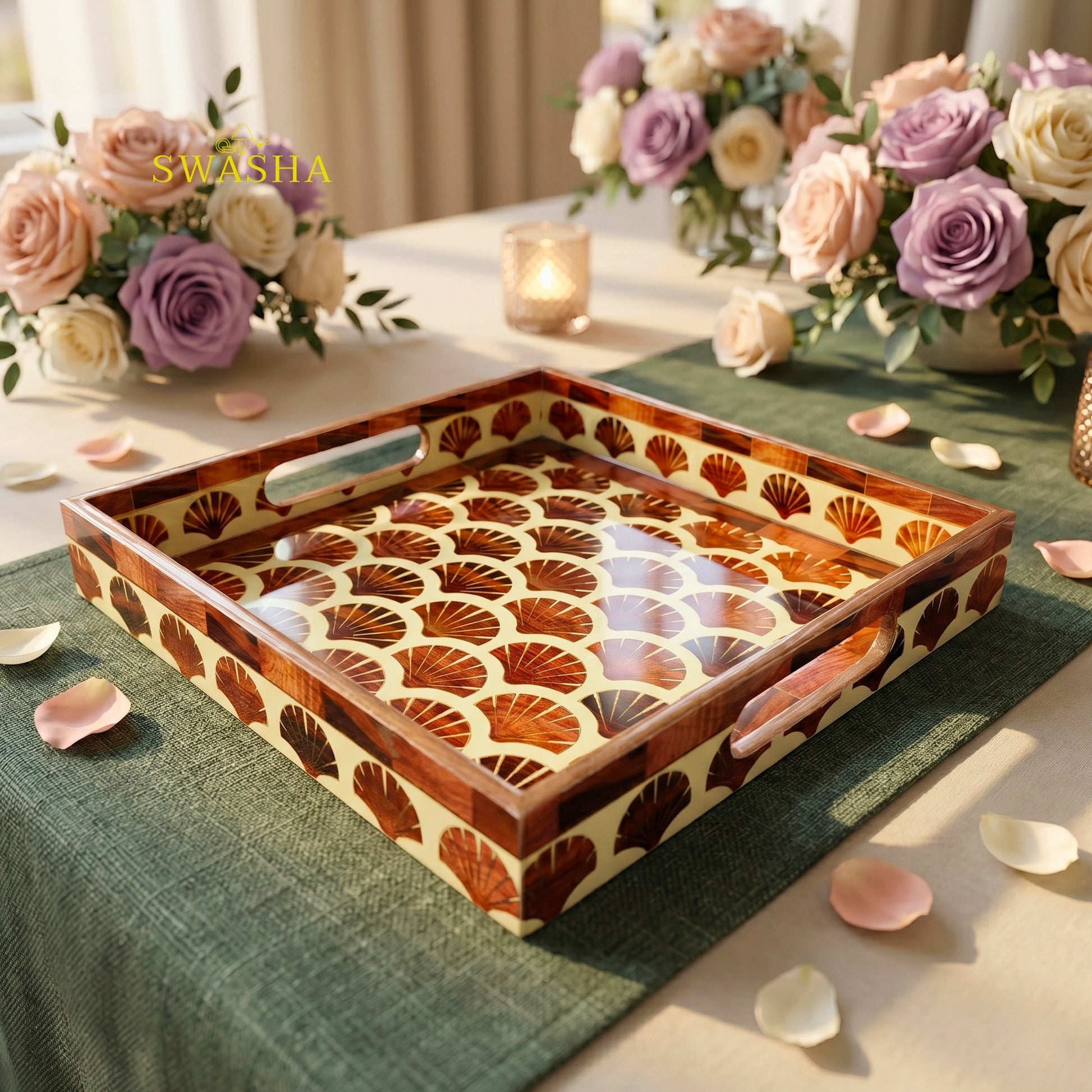 Swasha square resin finish MDF tray on coffee table with candles