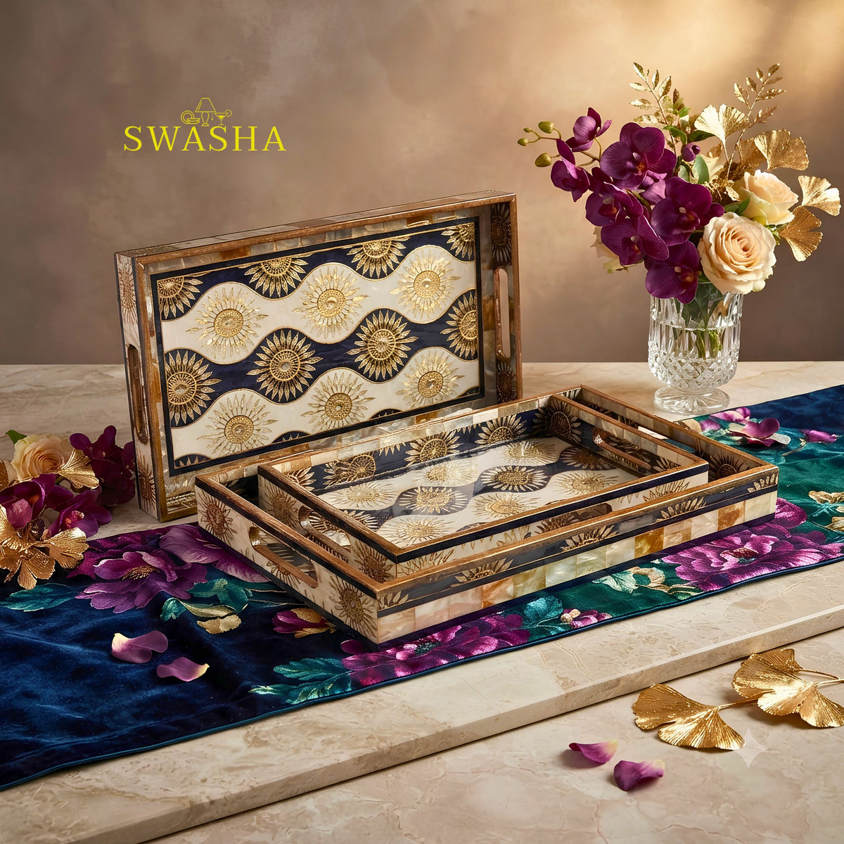 Swasha set of 3 MDF serving trays navy blue gold sunburst design mother of pearl finish rectangular wooden tray set