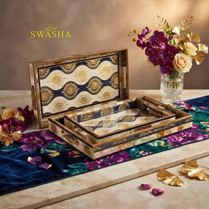 Swasha set of 3 MDF serving trays navy blue gold sunburst design mother of pearl finish rectangular wooden tray set