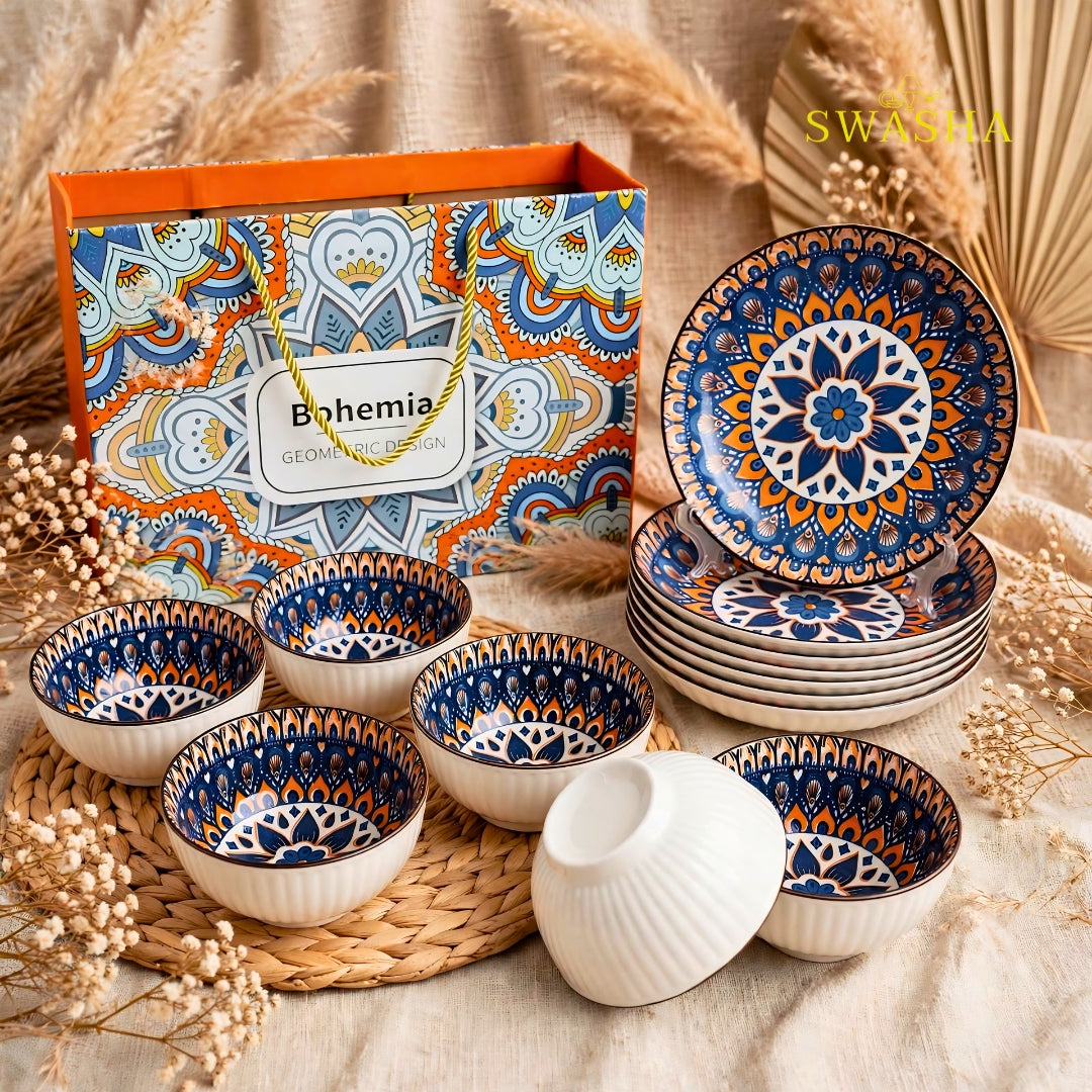 Swasha bohemia 12 pcs snack set 6 bowls 6 plates blue orange mandala earthenware with gift bag