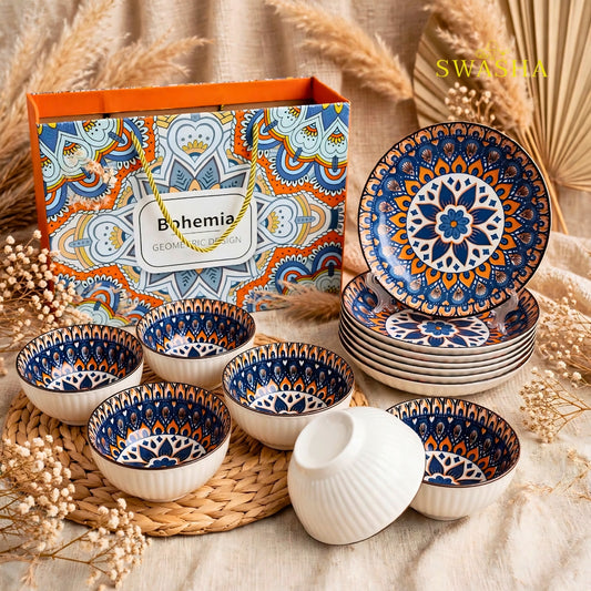 Swasha bohemia 12 pcs snack set 6 bowls 6 plates blue orange mandala earthenware with gift bag