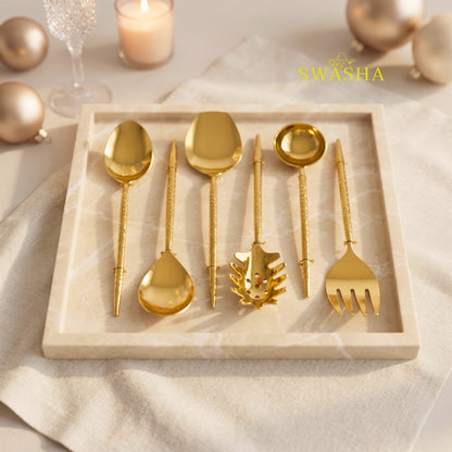 SWASHA gold serving spoon set of 6 pvd polished brass in black gift box