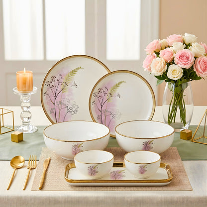 SWASHA Porcelain Dinner Set of 28 Pieces | Tableware | (White & Golden) Floral Design