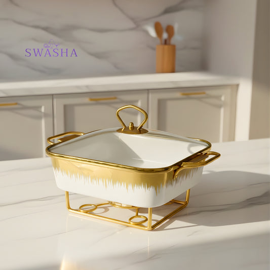 Swasha Porcelain Food Warmer , Chafing Dish – White (Square)