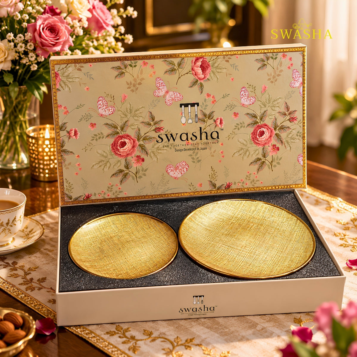 Swasha 7 Pcs Gold Turkish Glass Snack Set | 1 Full Plate + 6 Side Plates | Linen Gold Textured Gift Box