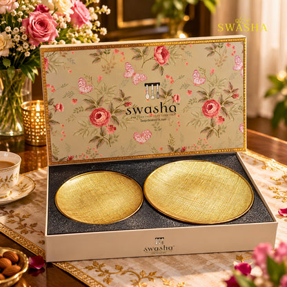 Swasha 7 Pcs Gold Turkish Glass Snack Set | 1 Full Plate + 6 Side Plates | Linen Gold Textured Gift Box