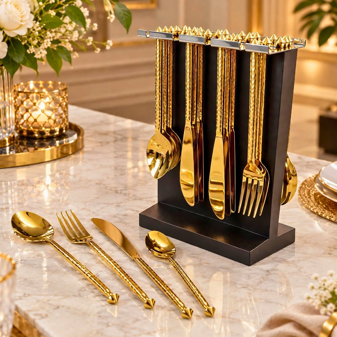 Swasha Luxury 24 Pcs Gold Cutlery Set with Wooden Stand | Hammered Design PVD Gold Flatware