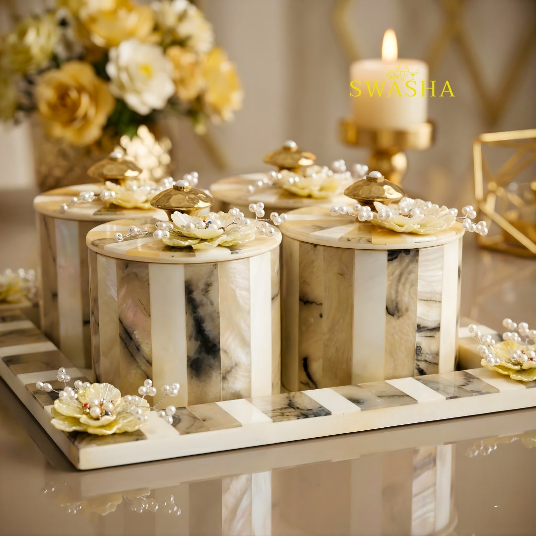 Swasha Airtight Dry Fruits Jar Set with Tray – Resin Finish Decorative Jars, Gift Set of 4