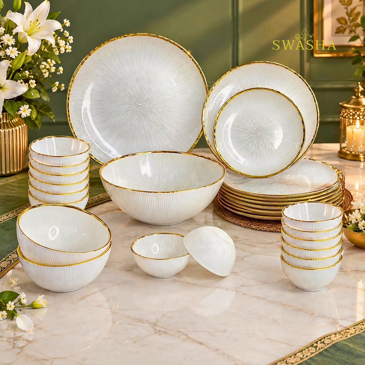 Swasha 28 Pcs Turkish Glass Dinner Set For 6 With Rice Plate | White & Gold Glass Dinner Set | Luxury Dinnerware