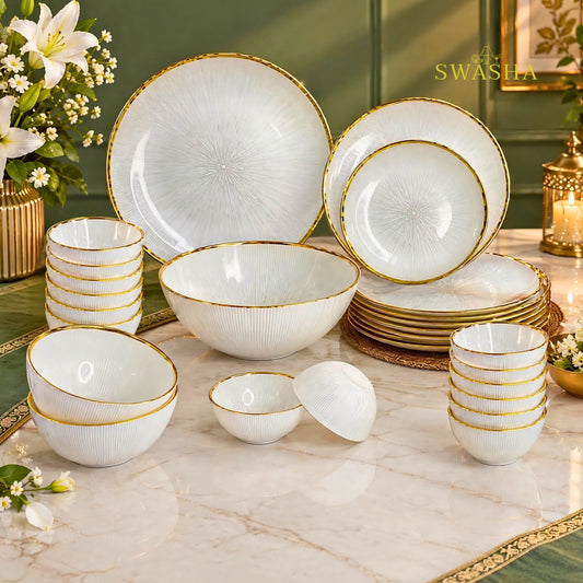 Swasha 28 Pcs Turkish Glass Dinner Set For 6 With Rice Plate | White & Gold Glass Dinner Set | Luxury Dinnerware