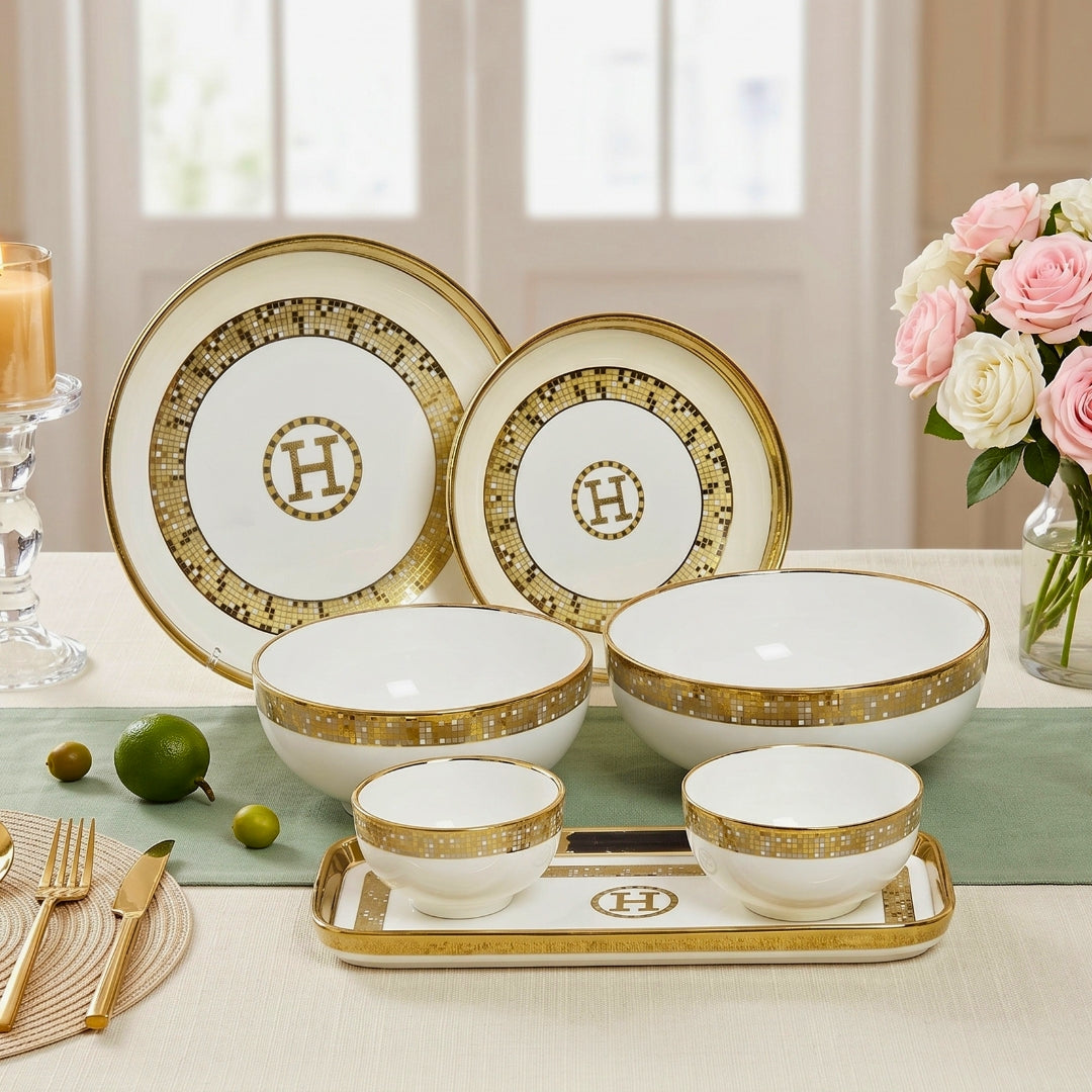 SWASHA Porcelain Dinner Set of 28 Pieces Elegant Tableware Dinnerware for Personal Use and Gifting (White & Golden)