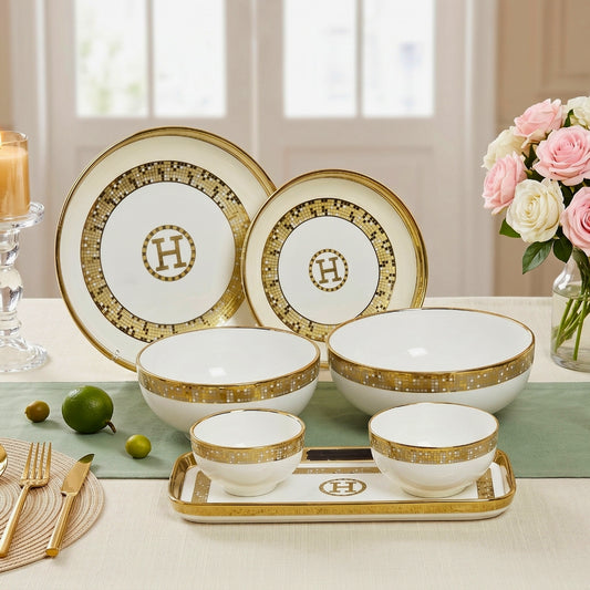SWASHA Porcelain Dinner Set of 28 Pieces Elegant Tableware Dinnerware for Personal Use and Gifting (White & Golden)