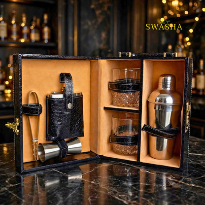 swasha black croco portable bar box open with liquor bottle 2 whiskey glasses hip flask jigger and tong