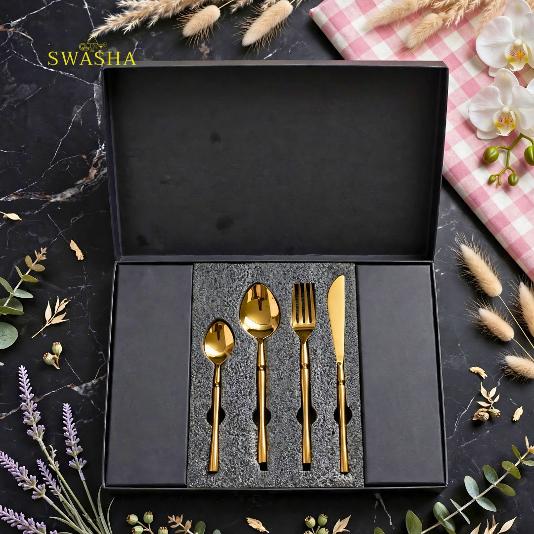 Swasha Luxury Cutlery Set 24 Pieces - Swasha Gold Spoon Fork Knife Set | Gift Box