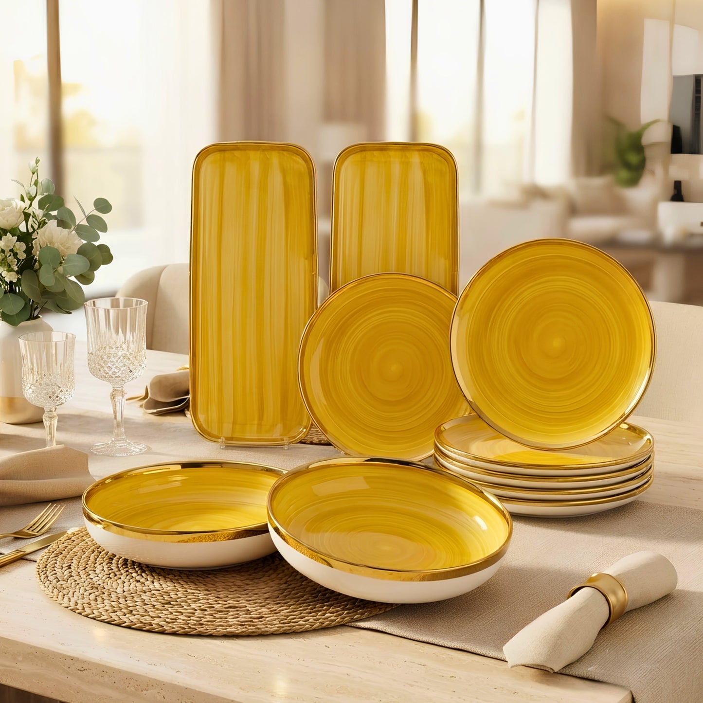 Swasha Porcelain Snacks Set of 10 Pieces | Tableware | For Personal Use and Gifting (Yellow)
