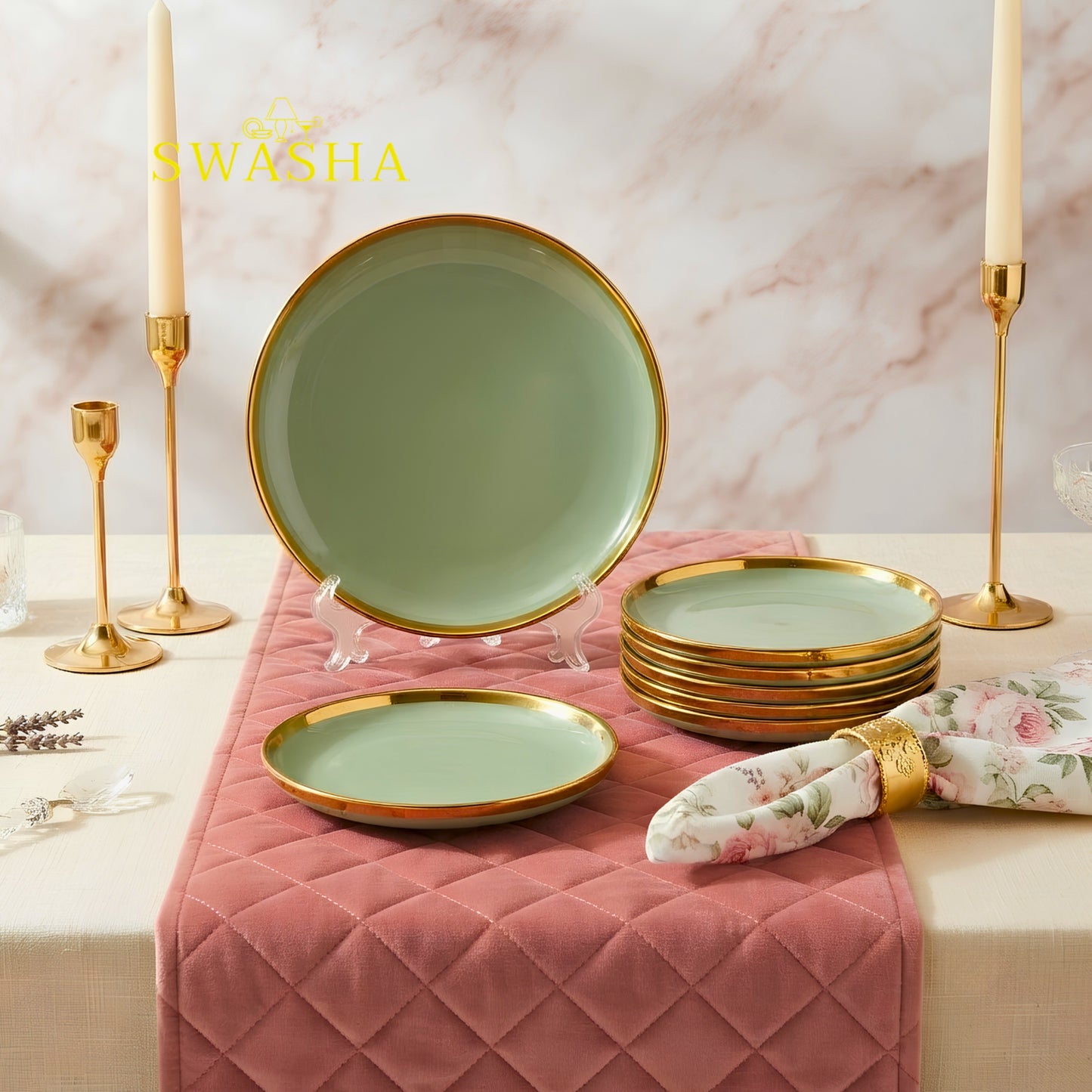 Swasha 7 Piece Quarter Plate Set - Premium Porcelain Snack Plates for Serving | Pale Green