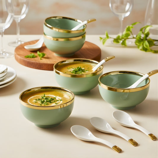 Swasha Porcelain Soup Bowl Set with Spoon | Gold Line | Set of 6