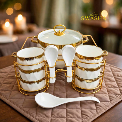 Swasha 14 pcs luxury soup set with gold stand white ceramic bowls with gold rim soup pot donga with glass lid