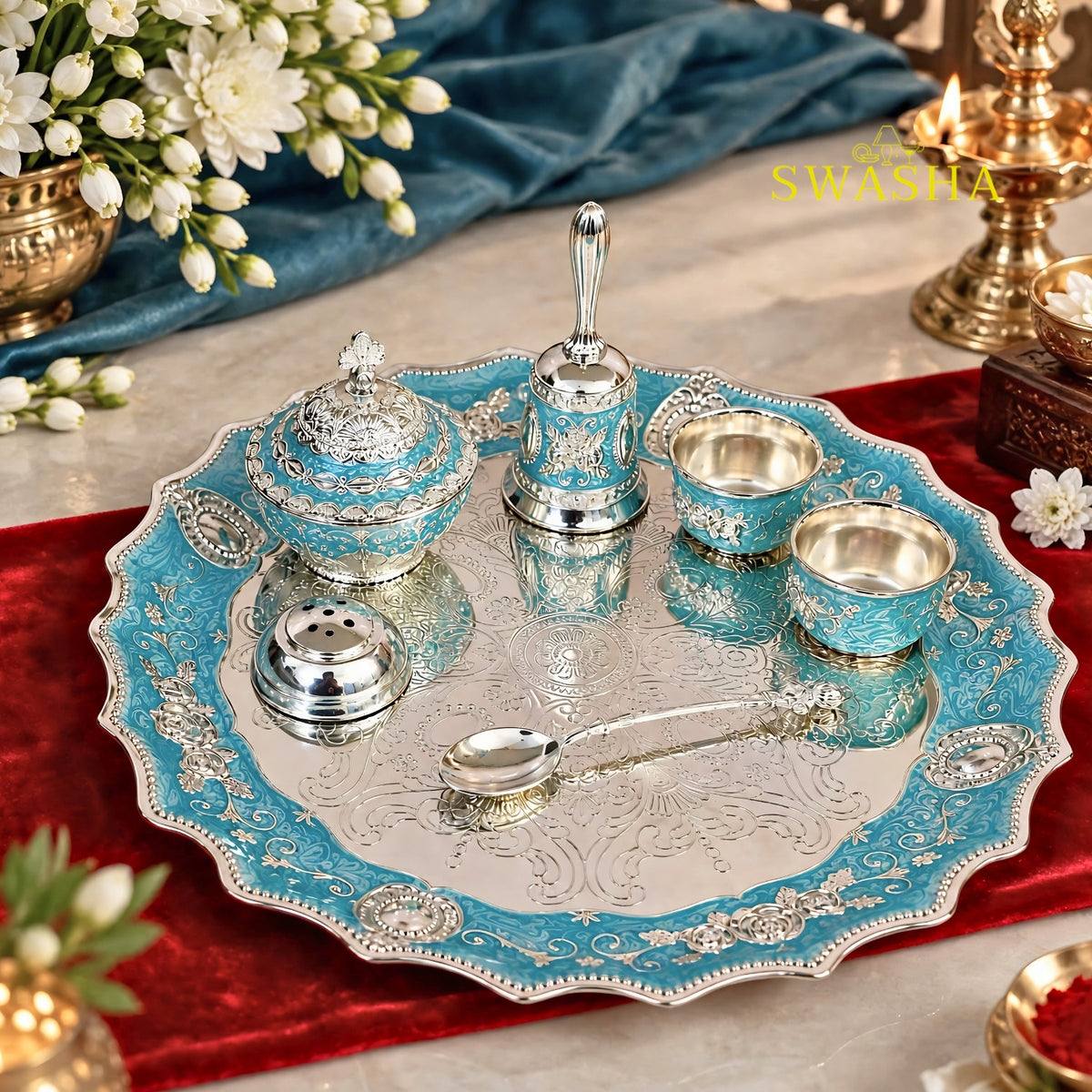 SWASHA Blue German Silver Pooja Thali Set - 7 Piece | For Diwali, Karwa Chauth, Housewarming & Wedding Gift