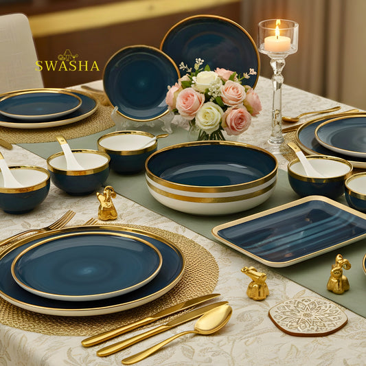 SWASHA Porcelain Dinner Set of 28 Pieces | Tableware | Dinnerware (Glossy Blue)
