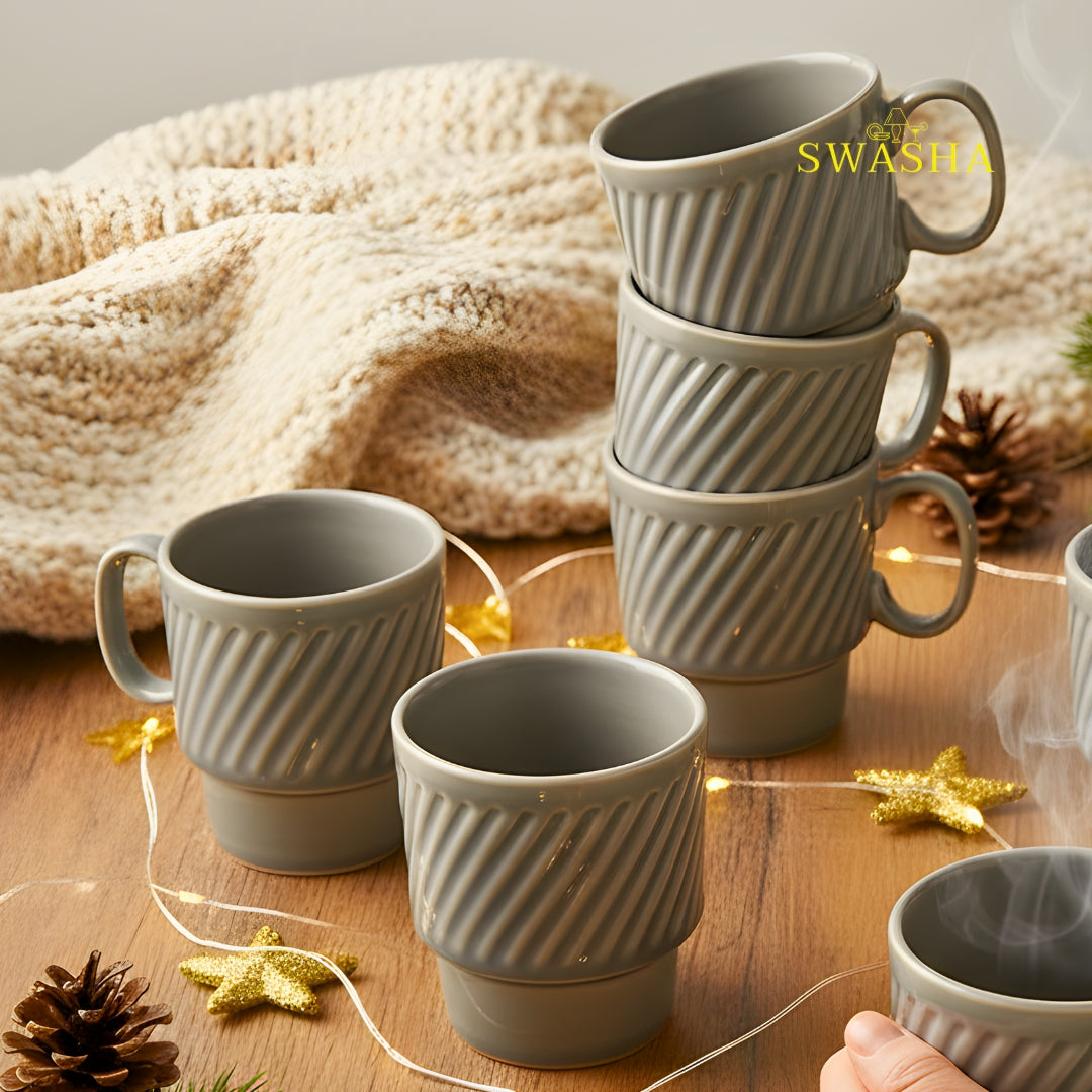 Premium Stoneware Stackable Cup Set of 6 | 270ml & 150ml | Swasha