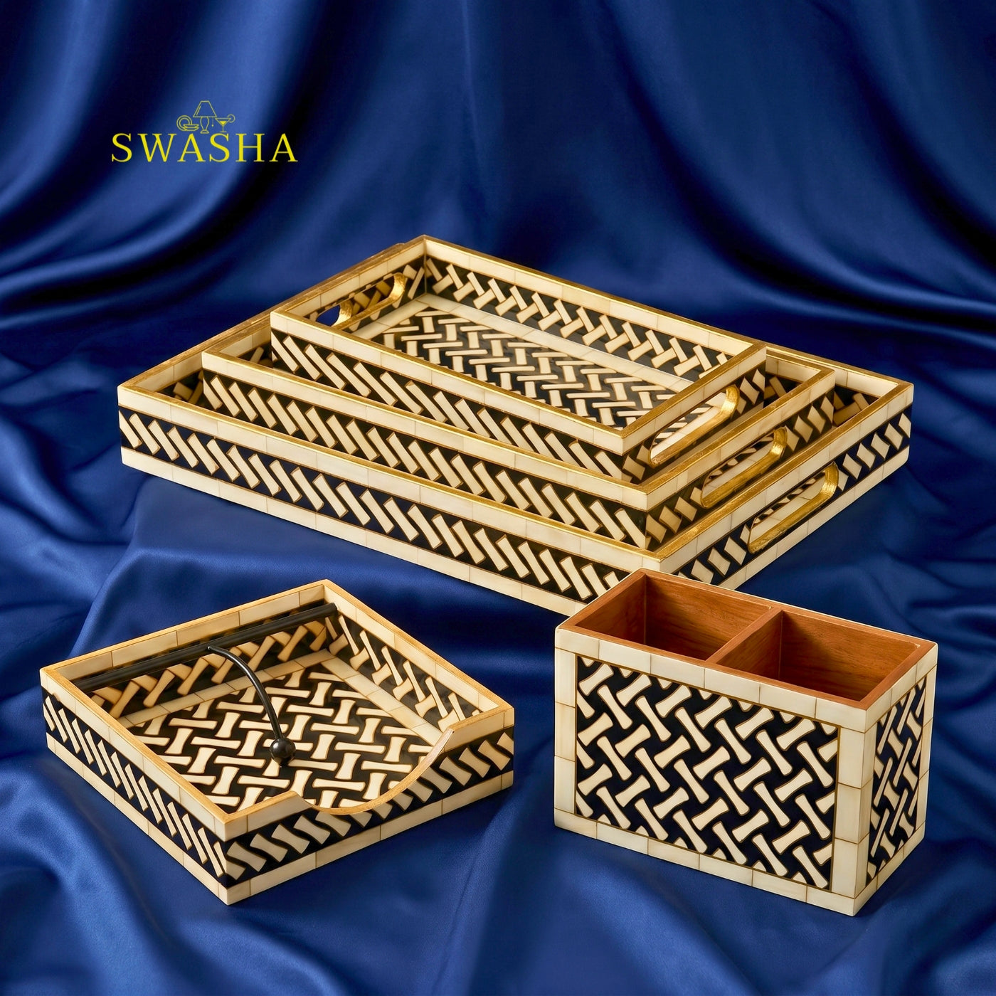 Swasha MDF Serving Tray Set of 3 with Tissue Holder and Cutlery Stand – 5-Piece Resin Finish Combo for Home and Kitchen