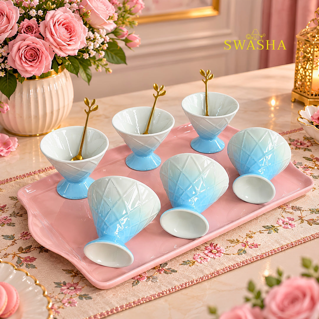 Swasha sky blue ombre diamond ice cream set 6 footed bowls blue white pink tray gold leaf spoons