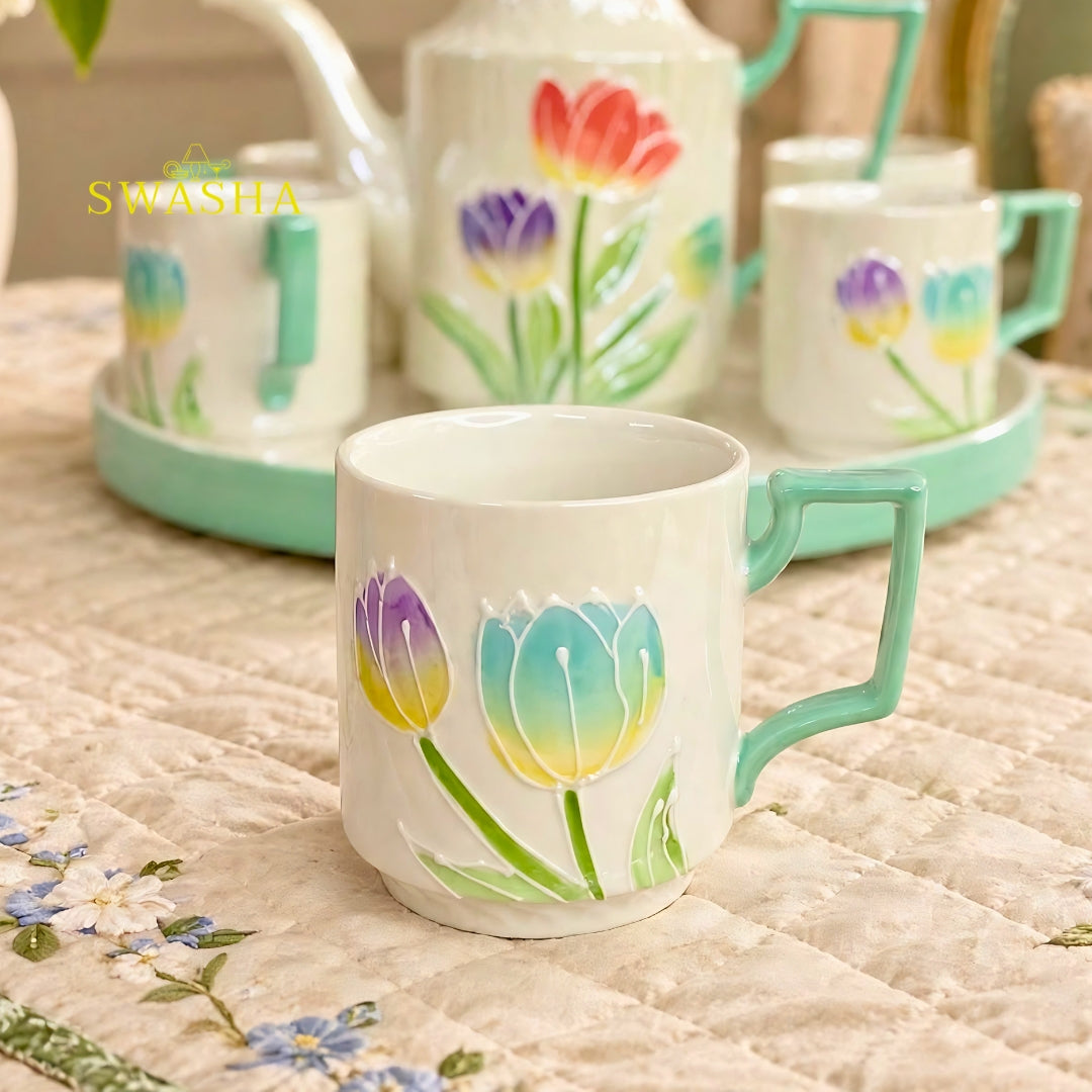 Swasha tulip garden mint 8 pcs revolving tea set 3d floral embossed kettle 6 cups mint handle revolving tray with red gift box