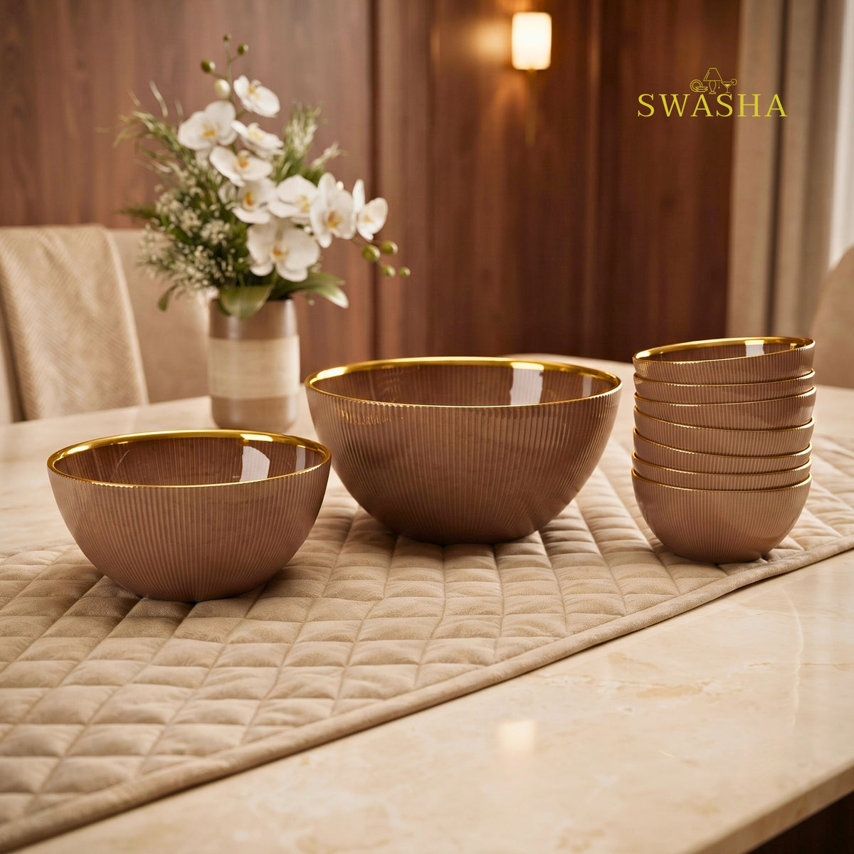Swasha 28 Pcs Turkish Glass Dinner Set For 6 | Bronze Brown With Gold Rim