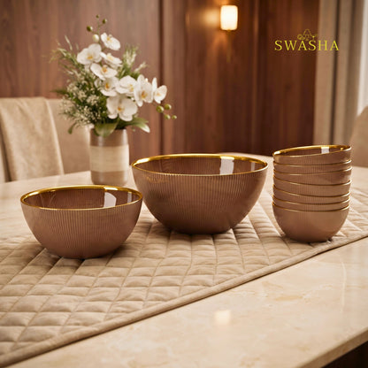 Swasha 28 Pcs Turkish Glass Dinner Set For 6 | Bronze Brown With Gold Rim
