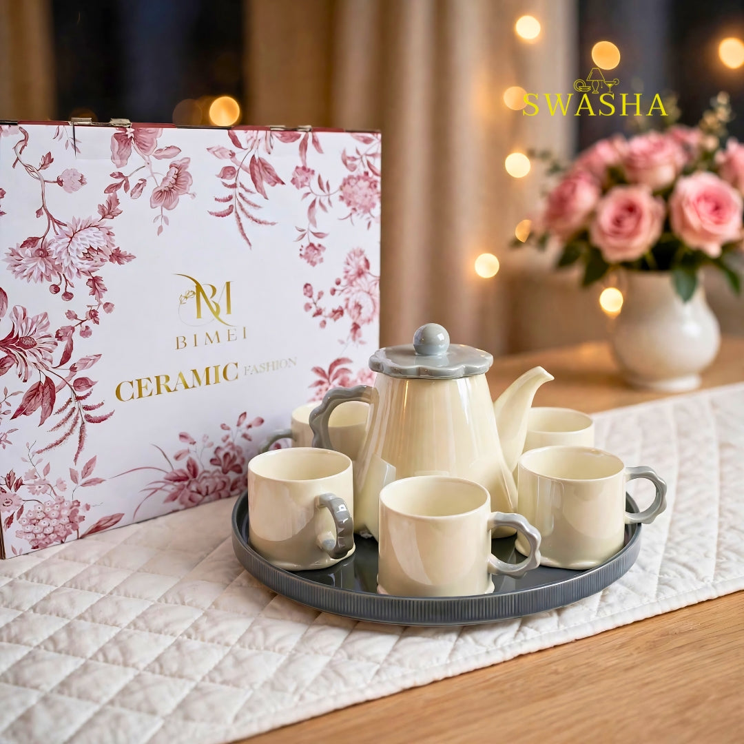 Swasha Cloud Grey 8 Pcs Revolving Tea Set | Beige With Grey Scallop Flower Lid