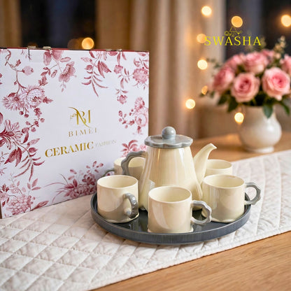 Swasha Cloud Grey 8 Pcs Revolving Tea Set | Beige With Grey Scallop Flower Lid