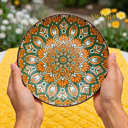 Swasha bohemia green orange 12 pcs snack set 6 bowls 6 plates green orange mandala earthenware