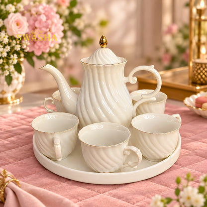 Swasha royal white swirl 8 pcs revolving tea set premium porcelain kettle 6 cups gold rim revolving tray with gift box