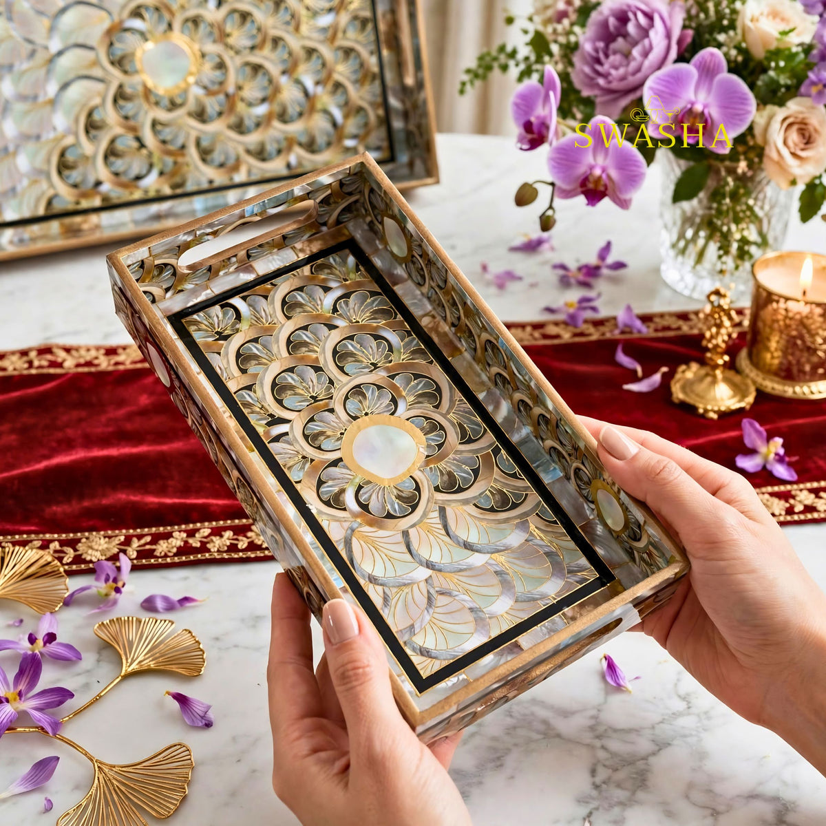 Swasha Peacock Scallop Set of 3 MDF Tray | Gold Mother Of Pearl MOP Decorative Serving Tray Set