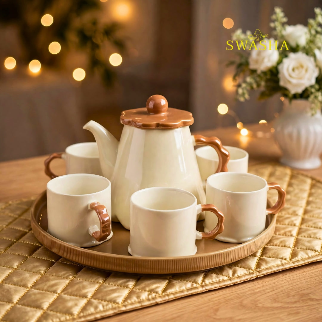 Swasha caramel mocha 8 pcs revolving tea set beige ceramic brown flower lid wavy handle kettle 5 cups revolving tray with floral gift box