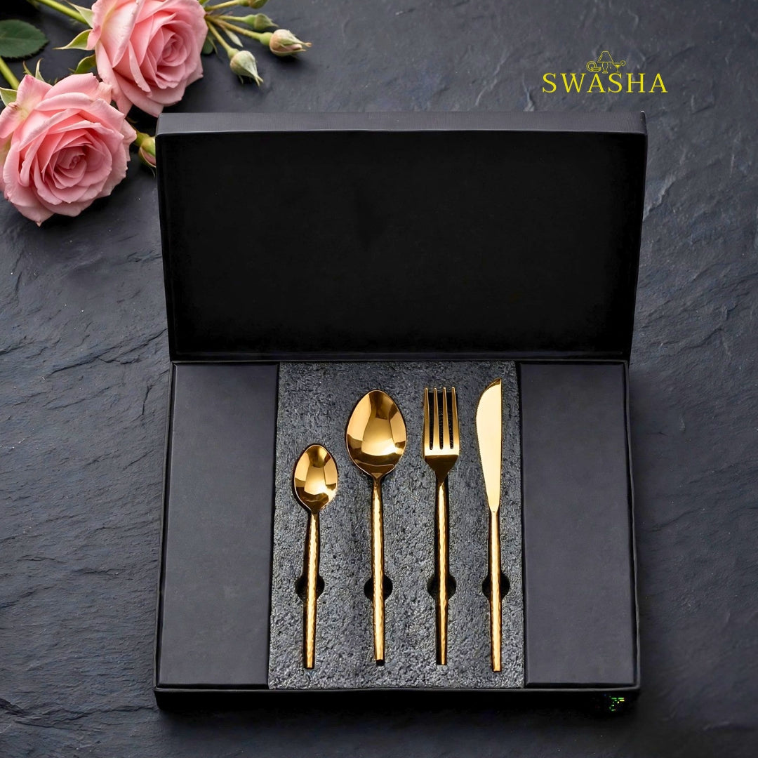 Swasha Luxury Cutlery Set 24 Pieces - Swasha Gold Hammered Spoon Fork Knife Set